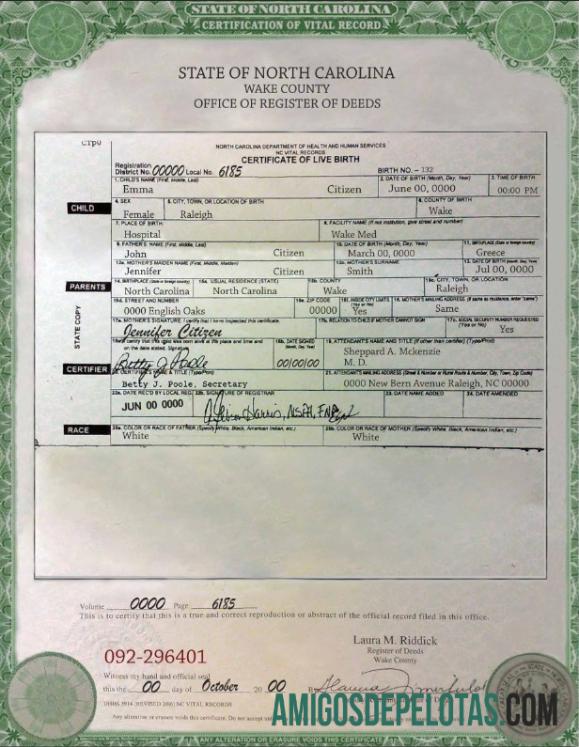 Certidão de Nascimento EUA Carolina do Norte amostra